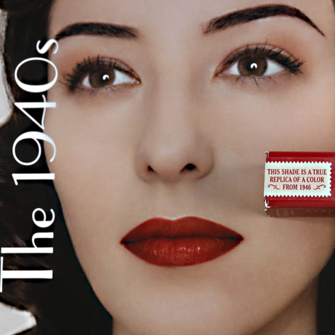 brunette woman face closeup with makeup in 1940s style with besame red velvet box