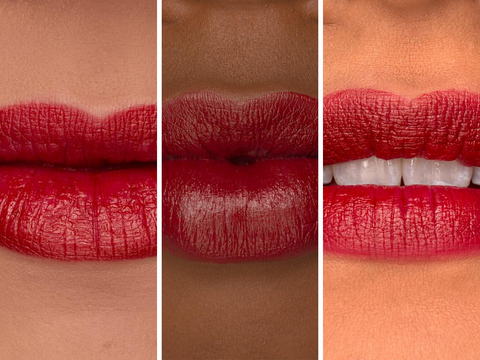 composite closeup of three women wearing red velvet lipstick